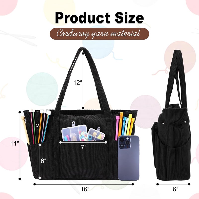 LOOEN Crochet Bag Organizer, Large Capacity Yarn Storage Bag, Portable Corduroy Knitting Bag And Totes for Travel, Used to Organize Yarn, Crochet Hooks, Ideal Gift for Crochet Lovers(Black) - Image 2